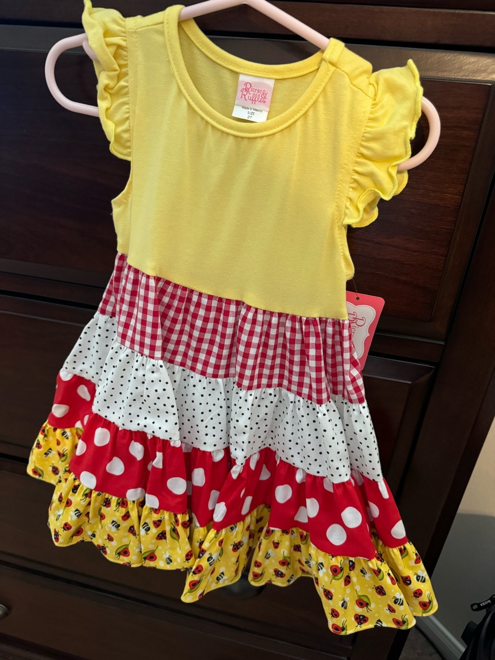 Ricrac & Ruffles - Yellow Ruffled Tiered Dress with Red & Polka Dot Accents